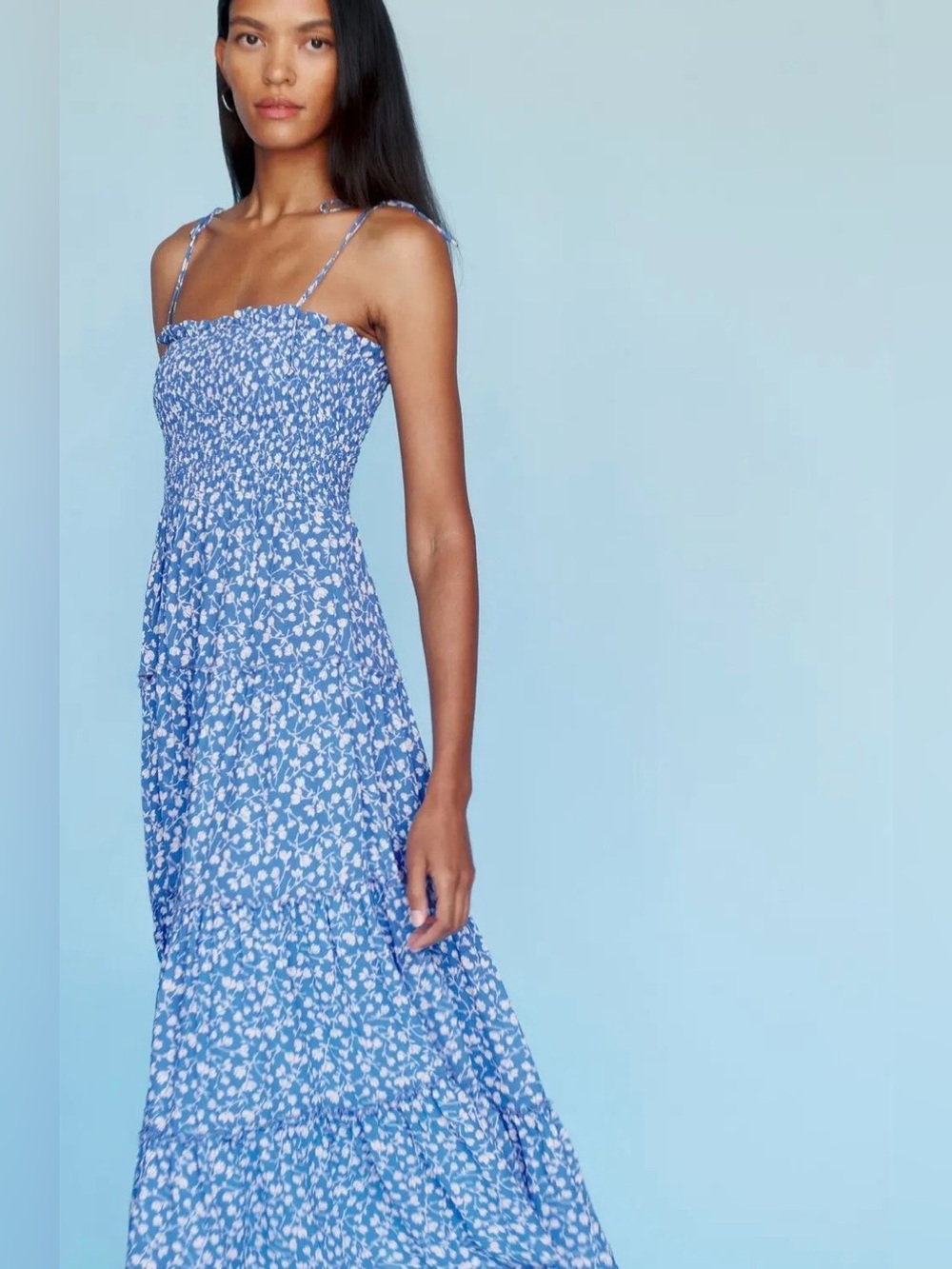 Reformation Nira Blue Floral Smocked Maxi Dress in Blue